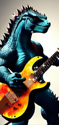 Enjoy a stunning 3D live wallpaper featuring a statue of Godzilla playing an electric guitar