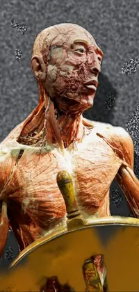 Looking for a unique live wallpaper for your phone? Check out this neo-figurative model depicting a man holding a steering wheel, covered in organic flesh meat, medical muscle anatomy, and deteriorated skin with cracks and rust