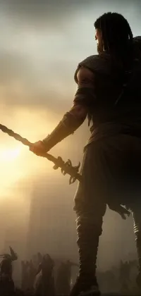Experience a thrilling phone live wallpaper featuring a muscular barbarian holding a sword on top of a hill, set in a shadowy city