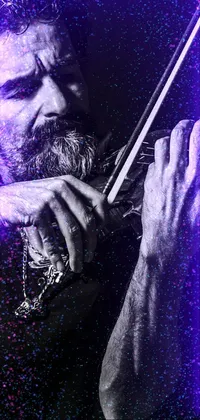 This stunning phone live wallpaper features a mesmerizing black and white portrait of a violin player in his mid-forties with a stylish beard