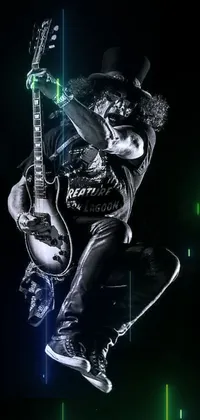 This phone live wallpaper depicts a man playing a Gibson Les Paul guitar while jumping in the air