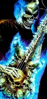 This live wallpaper features a detailed airbrush painting of a guitar-playing skeleton surrounded by blue fire, which adds a spooky effect to your phone's appearance