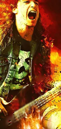 This live wallpaper depicts a long-haired man playing a bass guitar close up in the fiery depths of hell