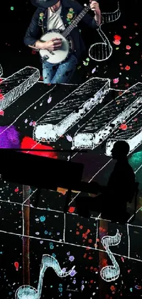 This phone live wallpaper showcases a musician standing in front of a keyboard with piano and guitar music notes keys in the background