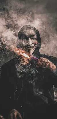 This live phone wallpaper features a hooded figure smoking, accompanied by street art in the form of a fantasy stock photo