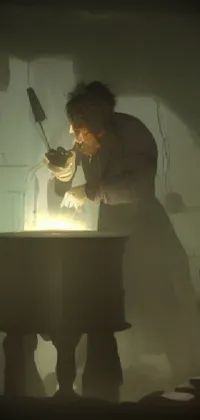This live wallpaper showcases an intriguing concept art of a man working in a dimly lit room forge