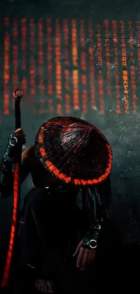 This phone live wallpaper features a striking cyberpunk art scene with a beautiful samurai in red and black reflective armor sitting before a wall with intriguing writings