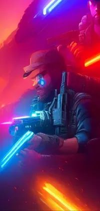 This live wallpaper features a futuristic battlefield with two men holding high-tech pulse rifles and emitting pulsing lights