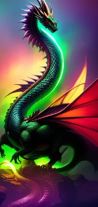 This live wallpaper features a green and red winged dragon perched atop a rock