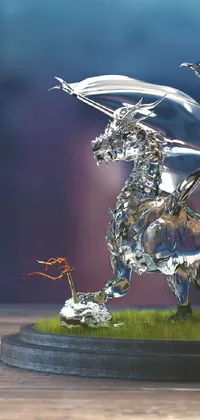 This stunning live wallpaper features a close-up view of a 3D digital art dragon statue on a table
