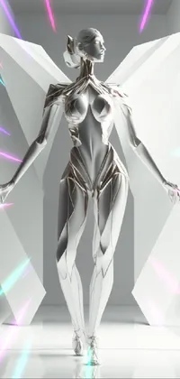 This phone live wallpaper showcases a 3D rendering of a futuristic woman standing in a sleek, glossy white metal room