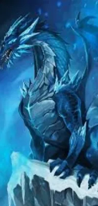This phone live wallpaper features a stunning blue dragon sitting atop a rocky formation, with shimmering scales in shades of blue