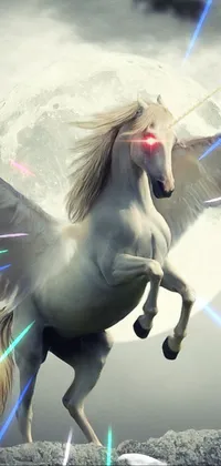 Introducing a stunning phone live wallpaper showcasing a white horse standing majestically on a rocky surface