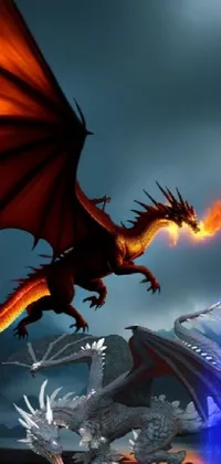 This phone live wallpaper features a breathtaking scene of a fire-breathing dragon soaring above a serene water body