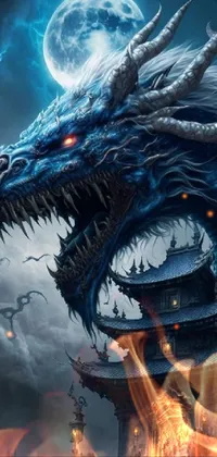 This phone live wallpaper features a breathtaking artwork of a blue dragon against a full moon