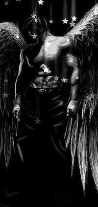 This striking live wallpaper showcases a black and white photograph of a man with wings, featuring beautiful attention to detail and high levels of contrast