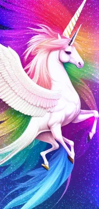 This phone live wallpaper is a stunning fantasy-themed piece that features a beautiful unicorn with a rainbow mane and angelic wings