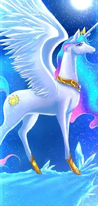 This stunning live phone wallpaper features a white unicorn standing atop a snow-covered slope, with wings made of light adding to the magic