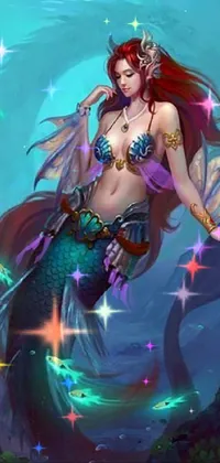 Experience the enchantment of a mermaid with long red hair in this fantasy live wallpaper