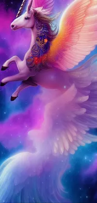 Unleash the magic of the universe with this mobile live wallpaper featuring a flying unicorn