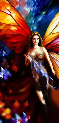 This stunning phone live wallpaper features a mesmerizing painting of a fantasy woman with butterfly wings, set against a backdrop of brilliantly colored flowers