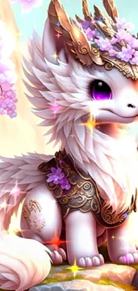 This phone live wallpaper showcases a cute white cat sitting on a rock, complemented by a captivating purple dragon