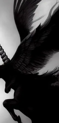 This black and white live wallpaper features a mesmerizing image of a winged horse that closely resembles a unicorn and bull hybrid
