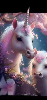 This mobile wallpaper depicts a picturesque scene of two unicorns standing side-by-side amidst a colorful backdrop of blossoming flowers and whimsical emojis