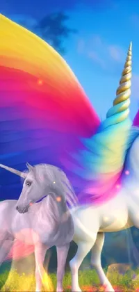 This enchanting live phone wallpaper features two unicorns standing on a vibrant green field