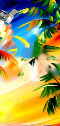 This phone live wallpaper depicts a stunning beach scene with palm trees, an airbrush painting in vivid colors