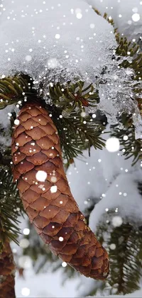 This phone live wallpaper showcases a stunning photograph of a snow-covered pine tree