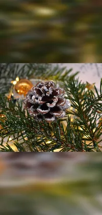 This phone live wallpaper features a beautiful pine cone perched atop a majestic pine tree, rendered in silver white and gold tones
