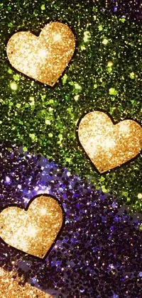 Enjoy a stunning Phone Live Wallpaper featuring gleaming, glitter-laden ground holding two intricate heart designs