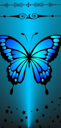 This phone live wallpaper displays a captivating vector art blue butterfly set against a background of twinkling stars