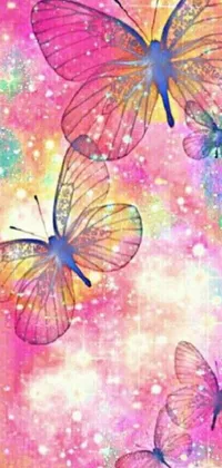 This mobile live wallpaper features a delightful scene of colorful butterflies soaring through a pink sky, surrounded by a magical, sparkling multicolored dust