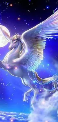 This live wallpaper showcases a stunning image of a majestic unicorn flying through the sky in an illustrated style, perfect for modern tastes