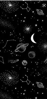 This live wallpaper showcases a black and white illustration of planets and stars, with dreamy aesthetic and a touch of sci-fi patterns