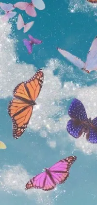 This beautiful phone live wallpaper features a group of fluttering butterflies set against a digital sky with gorgeous swirling clouds