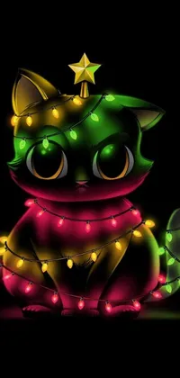 This phone livewallpaper on DeviantArt features a cute and kawaii cat sitting pretty on a table decorated with Christmas lights