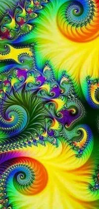 This phone live wallpaper showcases a stunning computer generated image of colorful spirals, inspired by psychedelic art and designed in a vibrant color scheme of yellow, purple, green, and black