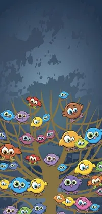 This lively phone live wallpaper features a group of colorful birds perched atop a tree in a vector graphic format