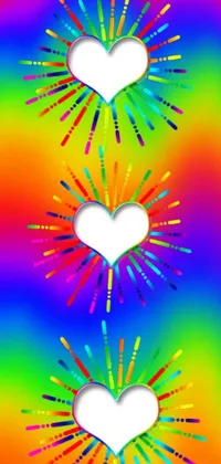 This dynamic phone live wallpaper features three white hearts on a multicoloured digital background, inspired by bold pop culture designs