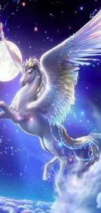 This unicorn phone live wallpaper showcases a magical creature flying through a night sky with a luminous full moon in the backdrop
