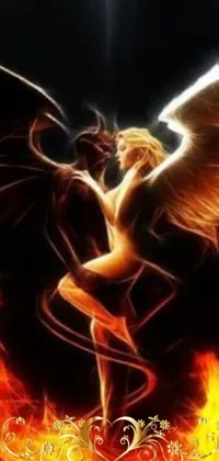 This live phone wallpaper depicts a mesmerizing image of a fiery angel and a seductive incubus bargaining with the devil