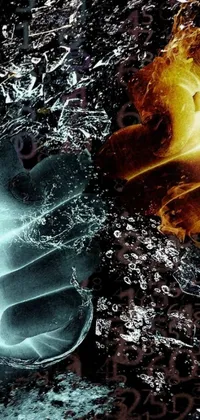 This phone's live wallpaper features a dramatic digital art of ice and fire elements, in high-contrast colors on a table, with water fists of fury