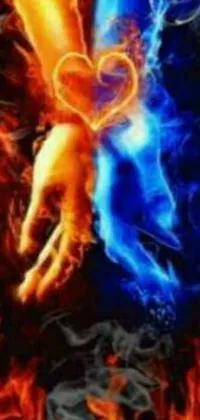 This phone live wallpaper features a striking image of two hands touching amidst orange flames and blue ice for a stunning duality effect