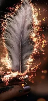 Looking for a stunning live wallpaper for your phone? Check out this highly popular design featuring a close-up of a feather being held in someone's hand! The gorgeous digital art features bold colors and intricate details, including a dynamic background of fire and explosion! With a truly breathtaking effect that almost looks like an avatar image, this live wallpaper is sure to impress