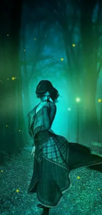 This stunning phone live wallpaper features a nighttime scene of a woman walking through a lush forest
