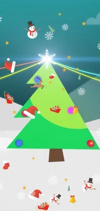 Get into the holiday spirit with this delightful phone live wallpaper! Featuring a christmas tree amidst a snowy landscape, this vividly colored and corporate animation style screenshot is sure to impress