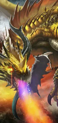 This live wallpaper showcases two fierce and colorful dragons engaged in an intense battle on your phone screen